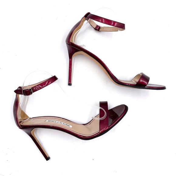 Manolo Blahnik Chaos Sandals Burgundy Patent Leather Heels Stiletto Sz 40 / 10 - Picture 2 of 9